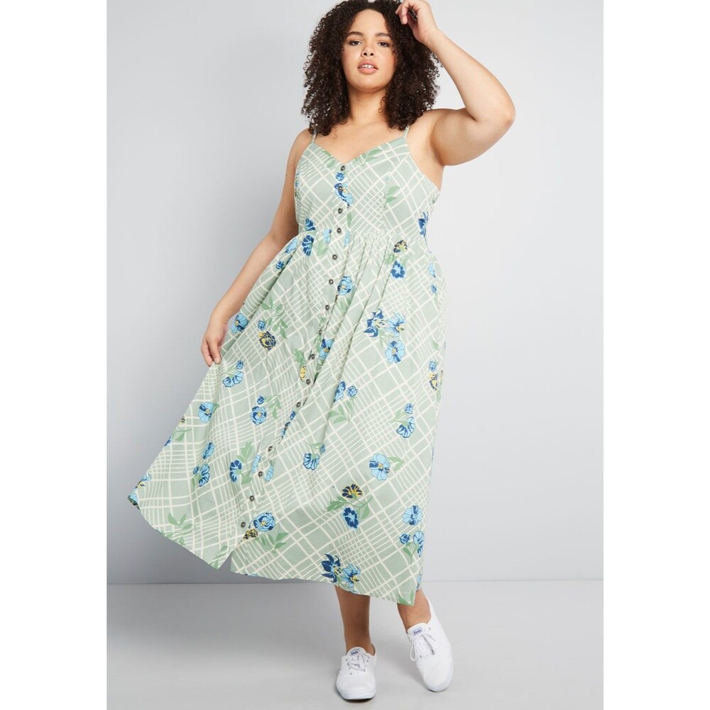 ModCloth Charismatic Midi Dress XL Green Floral Plaid Button Front Cottage Boho